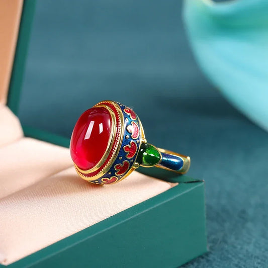 Original ancient gold craftsmanship natural carnelian rings for women flower enamel national style light luxury Wedding jewelry