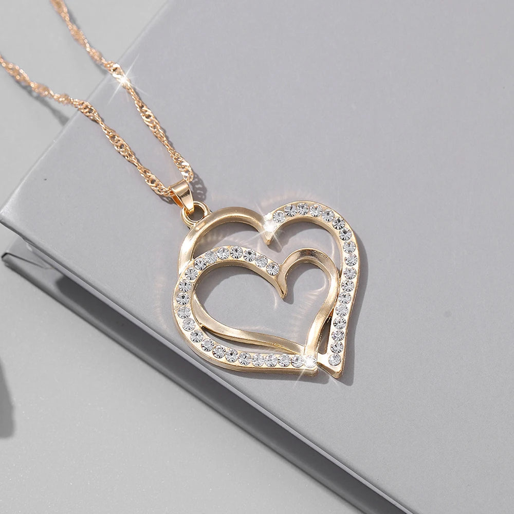 1 Pair Of Earrings + 1 Necklace French Romantic Style Jewelry Set Sparkling Heart Design Silvery Or Golden Make Your Call Gift F