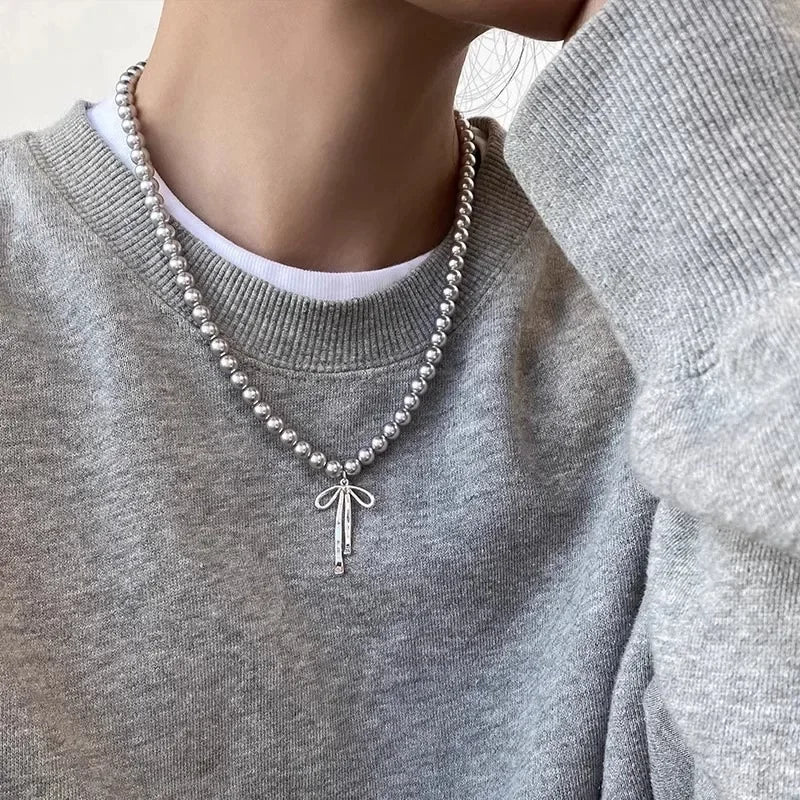 Collar con colgante de lazo y perlas grises LATS para mujeres y niñas, elegante gargantilla de mariposa, cadena, joyería, accesorios de regalo