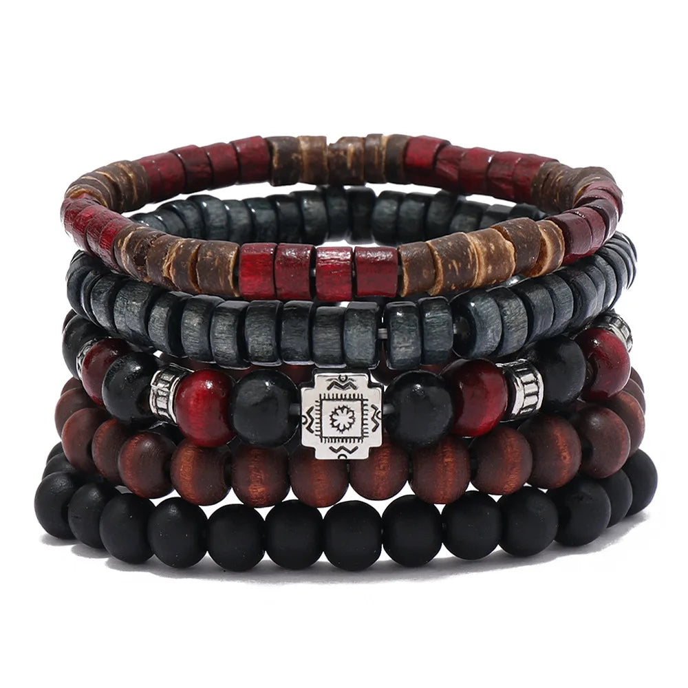 Bracelet For Men New Retro Style Cross Black Wooden Beads Coconut Shell Multi-piece Set Of Personality Bracelet