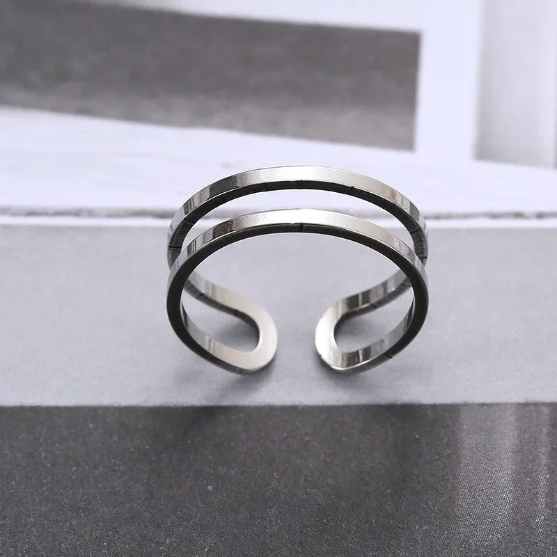 DLseek Round Black White Drip Oil Rings for Women Fashion Open Adjustable Gold Plated Stainless Steel Ring Charms Jewelry Gifts