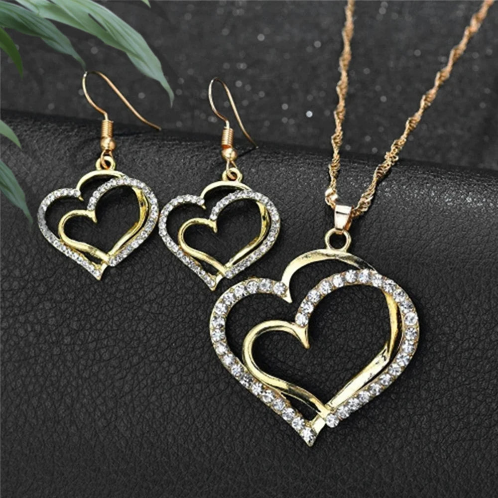 1 Pair Of Earrings + 1 Necklace French Romantic Style Jewelry Set Sparkling Heart Design Silvery Or Golden Make Your Call Gift F