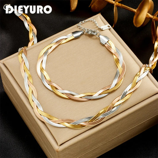 DIEYURO Aço Inoxidável 316L 3 em 1 Crossover Cobra Corrente Colar Pulseiras Para Mulheres Menina Novo Conjunto de Joias À Prova D'água da Moda