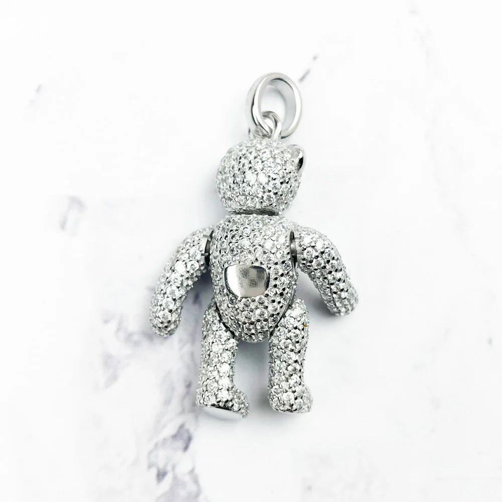Pendant Teddy Bear Rotatable Limbs & Head 925 Sterling Silver With White Zirconia Fine Romantic Jewelry Trendy Gift For Woman