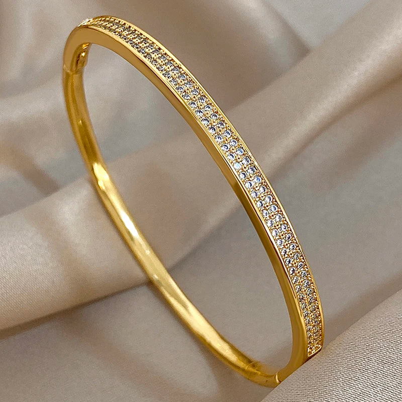 Flashbuy Gold Color Chic Inlaid Zircon Copper Bangle Bracelet For Women Statement New Design Temperament Wrist Fashion Jewelry