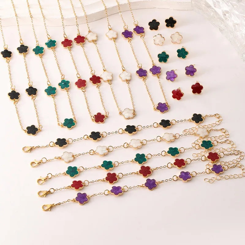 3pcs/set Lucky Five-petal Flower Necklace Bracelet Earrings Set for Women Elegant Clover Fashion Party Jewelry Gifts Accessories