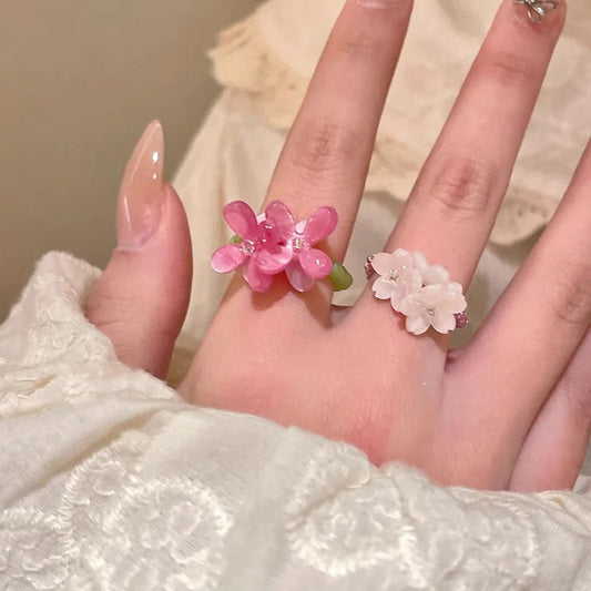 Violet Flower Acrylic Ring New Korean Style White Lily Index Finger Ring Elastic Beaded Unique Creativity Fold Women Jewelry