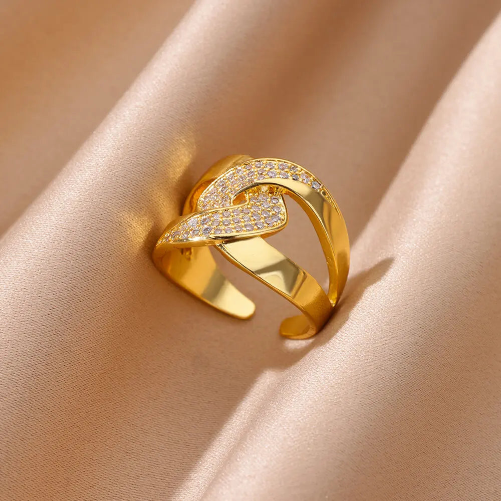 Zircon Cristal Geometric Rings For Women Stainless Steel Gold Color Adjustable Finger Ring Trendy Wedding Luxury Jewerly Gift