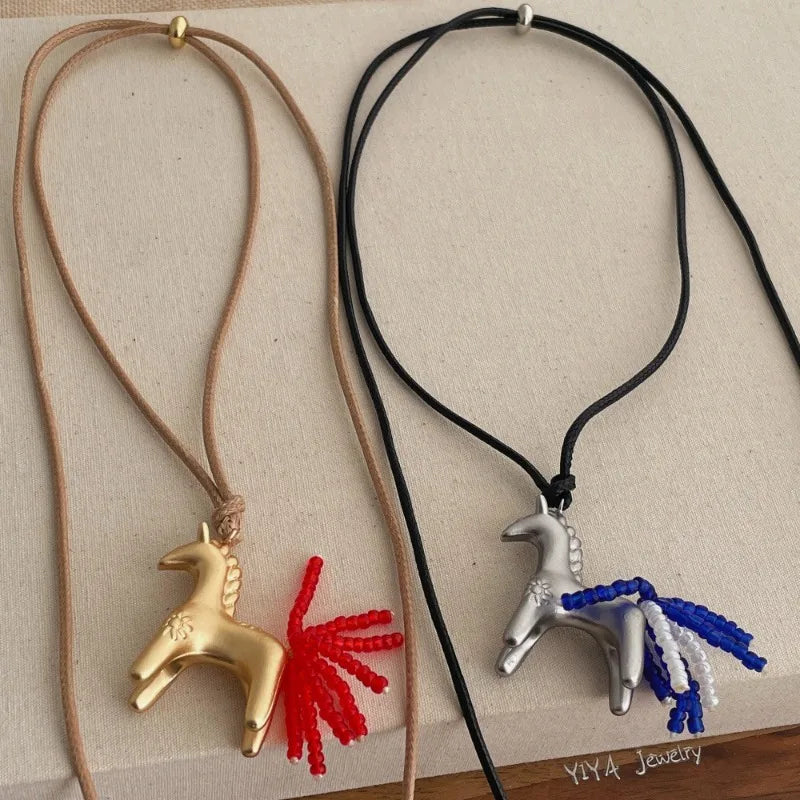 Minar New Luxury Metallic Cartoon Horse Beads Strand Tassel Pendant Necklaces for Women Long Adjustable Wax Rope Chain Choker