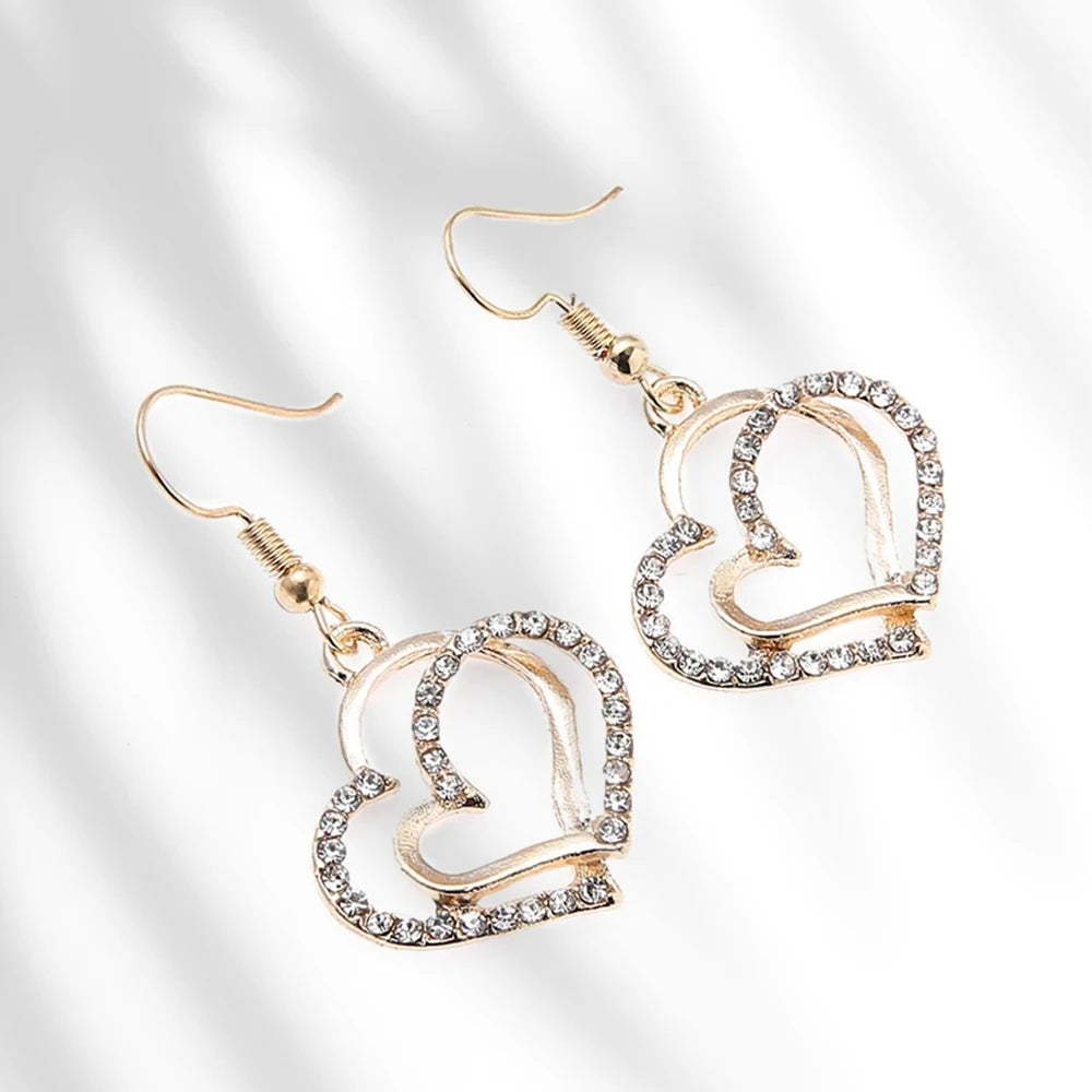 1 Pair Of Earrings + 1 Necklace French Romantic Style Jewelry Set Sparkling Heart Design Silvery Or Golden Make Your Call Gift F