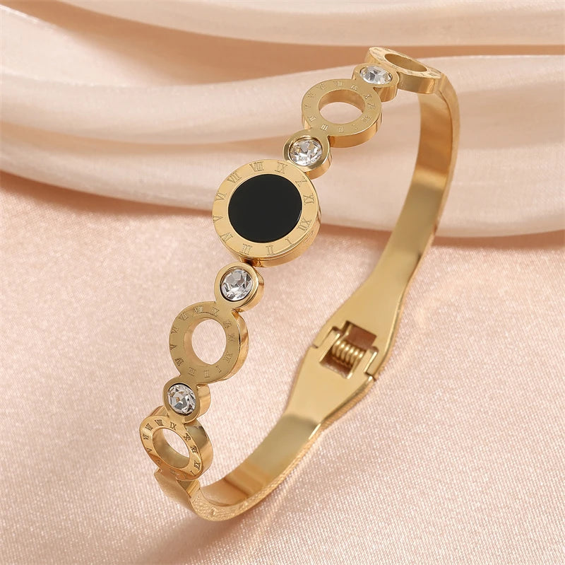 ZAKOL 2 Pcs Fashion Bracelet Rings For Women Black Acrylic Roman Numeral Stainless Steel Couple Bracelet Jewelry Set Gift