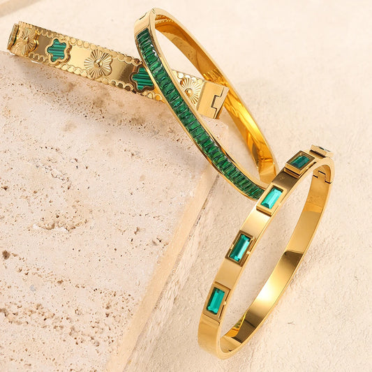 Yupsk New Green Crystal Zircon Five-leaf Flower Series Bracelet 316L Stainless Steel Open Bangle Bracelets Women Jewelry Gift