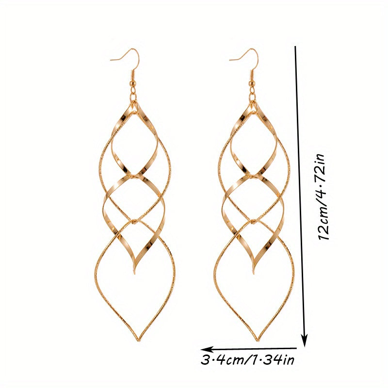 Pair of Golden/Silvery Hollow Twisted Dangle Earrings, Bohemian Elegant Iron Jewelry, Creative Female Gift with Unique Style