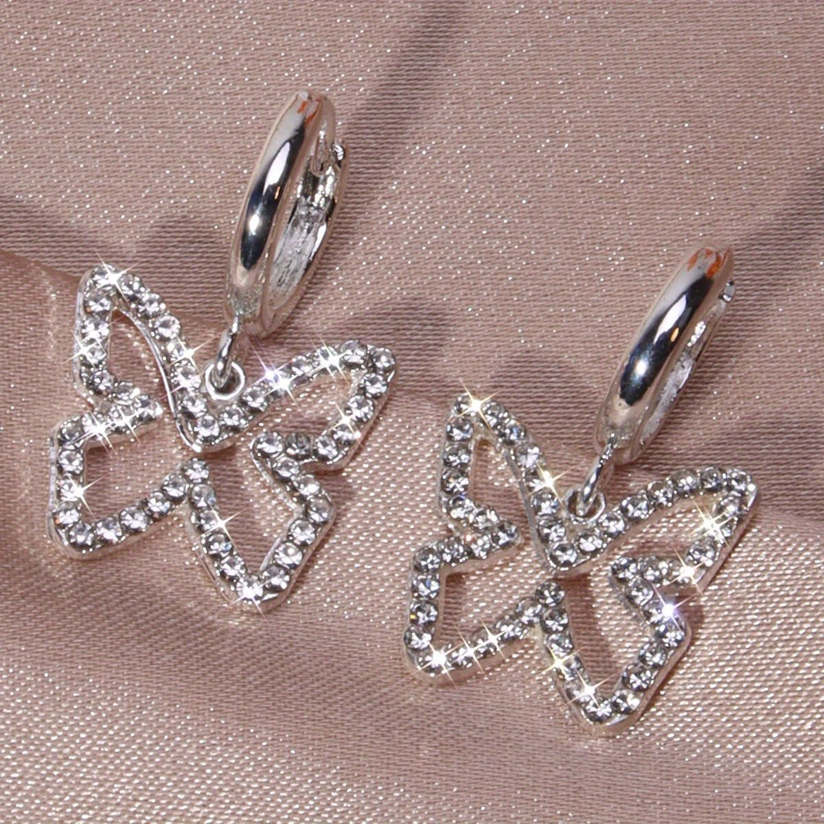 Hollow Butterfly With Shiny Rhinestone Decor Elegant Stud Earrings Minimalist Style Copper Silver Plated Jewelry Exquisite Female Gift