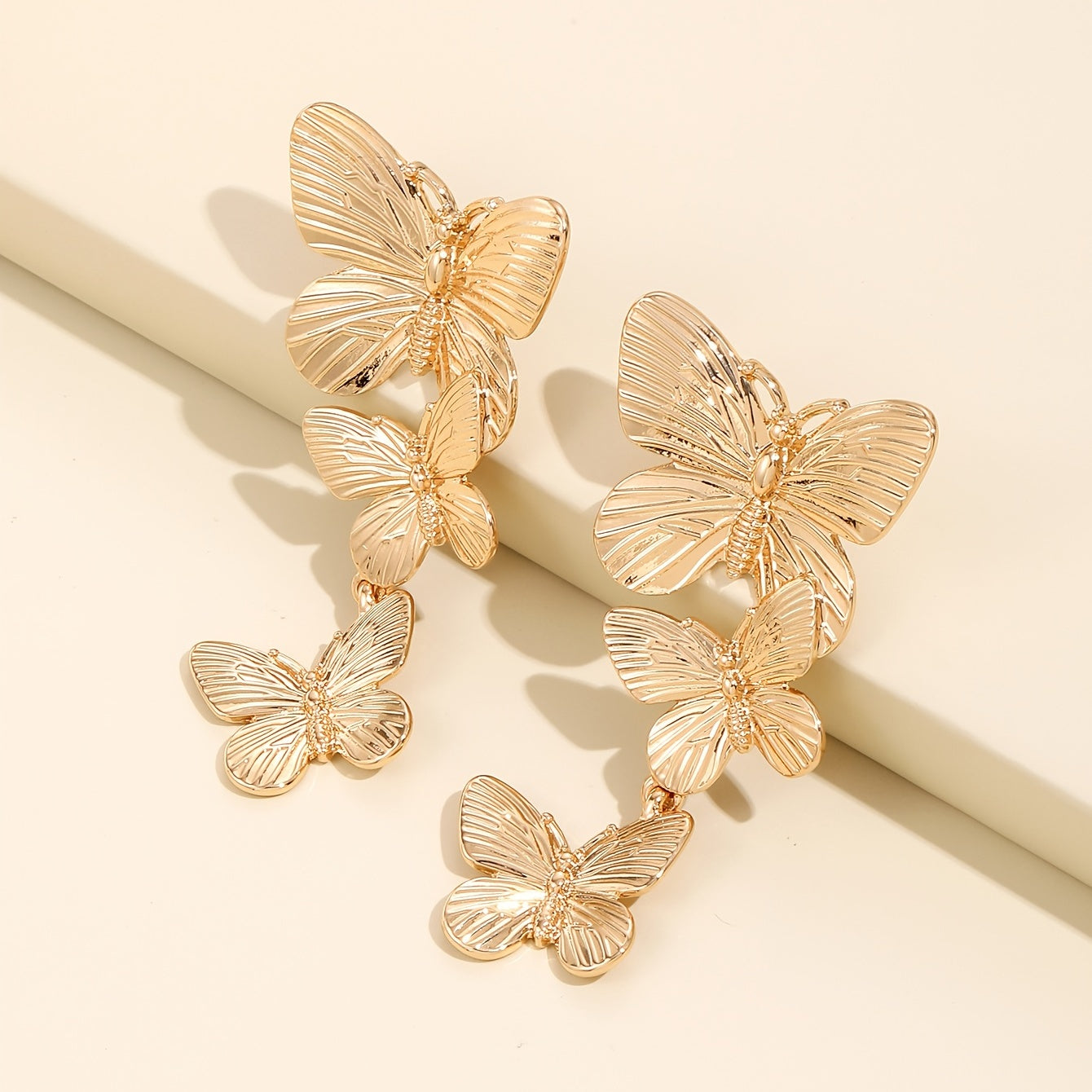Large Golden Plated Dangling Butterfly Earrings - Unique Animal Design, Fashionable Ladies Jewelry Accessories - Exquisite Personalized Statement Piece for Women
