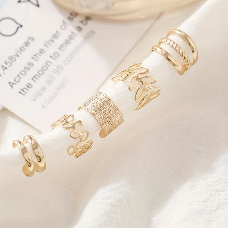 Five Pcs Set Golden Silvery Black Ear Bone Clip Vintage Boho Style Cuff Earring Non Piercing Daily Small Simple Elegant Jewelry For Women