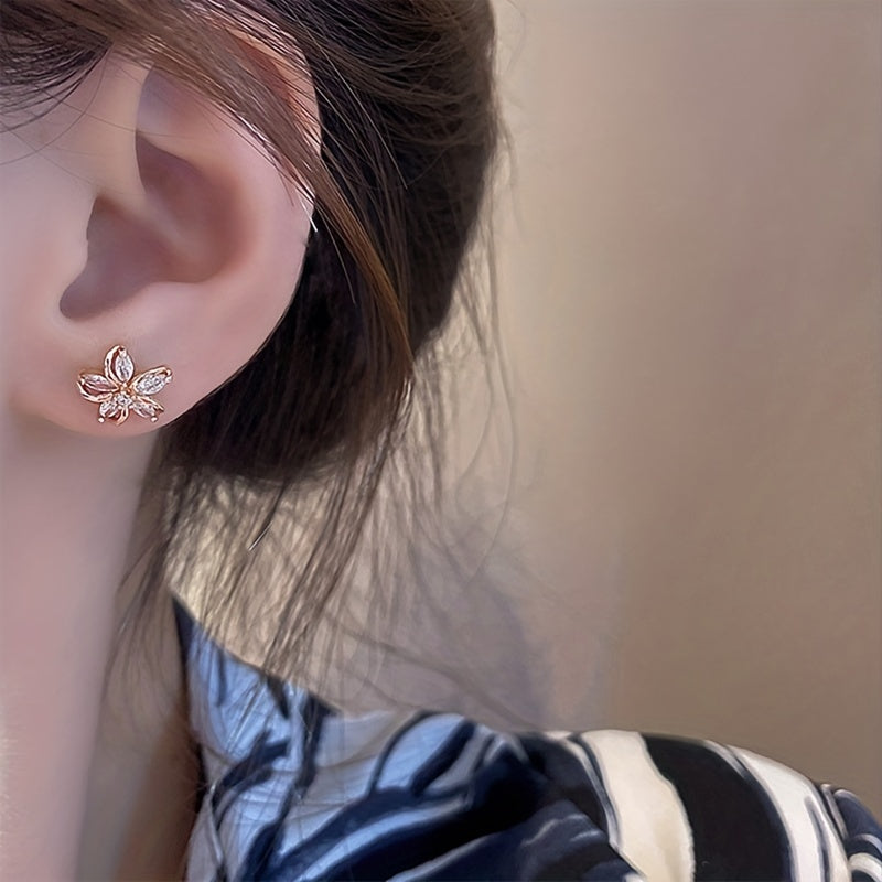 Exquisite Flower Design With Shiny zirconia Decor Stud Earrings Sexy Cute Style Copper 14K Gold Plated Jewelry Female Gift