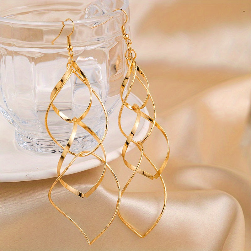 Pair of Golden/Silvery Hollow Twisted Dangle Earrings, Bohemian Elegant Iron Jewelry, Creative Female Gift with Unique Style