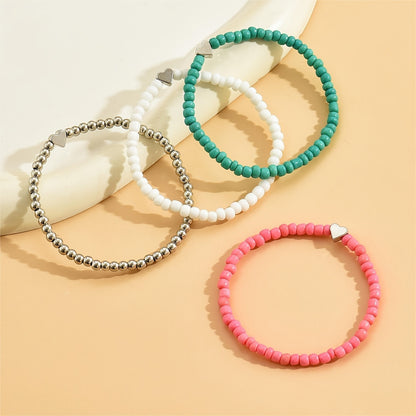 4pcs Mini Love Heart Beaded Bracelet Set Stackable Hand Chain Jewelry Decoration
