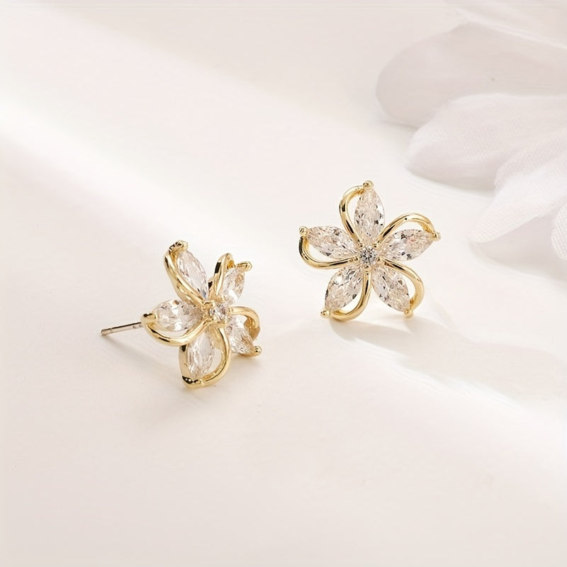 Exquisite Flower Design With Shiny zirconia Decor Stud Earrings Sexy Cute Style Copper 14K Gold Plated Jewelry Female Gift