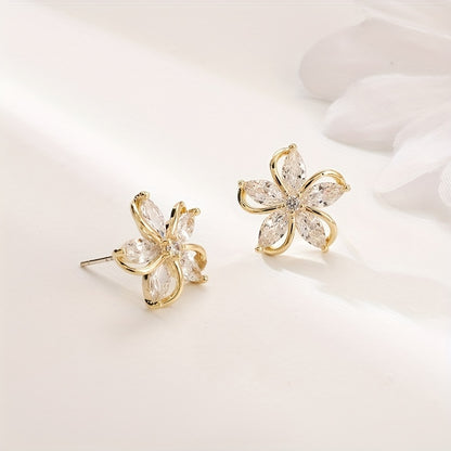 Exquisite Flower Design With Shiny zirconia Decor Stud Earrings Sexy Cute Style Copper 14K Gold Plated Jewelry Female Gift