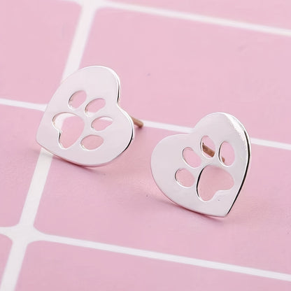 Heart Shape Hollow Animal Footprint Pattern Stud Earrings Cute Elegant Style Stainless Steel Jewelry Exquisite Gift For Lovers