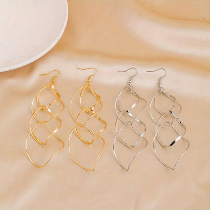 Pair of Golden/Silvery Hollow Twisted Dangle Earrings, Bohemian Elegant Iron Jewelry, Creative Female Gift with Unique Style