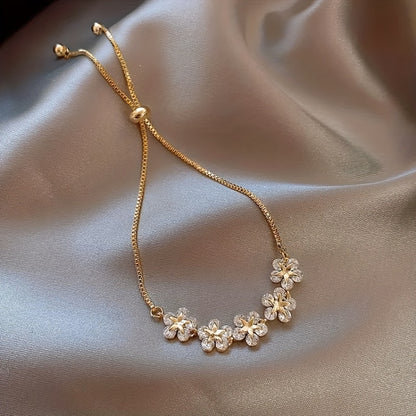 Adjustable Flower Beaded Chain Bracelet Inlaid Shiny Synthetic Zirconia Copper Hand Jewelry Decor for Women & s