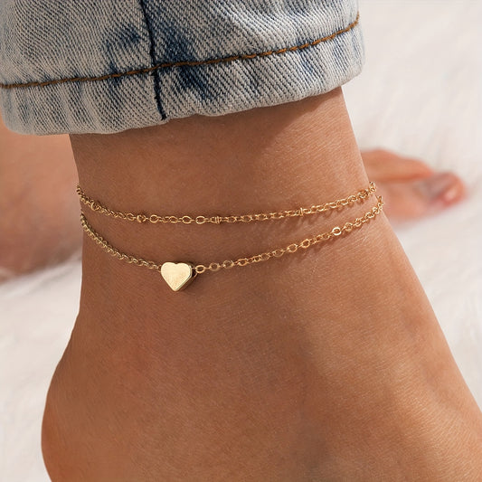1 Piece Stackable Multi-Layer Chain Anklet with Mini Love Heart Beads, Adjustable Ankle Bracelet for Women, Dainty Jewelry for Everyday Wear, Gift Idea