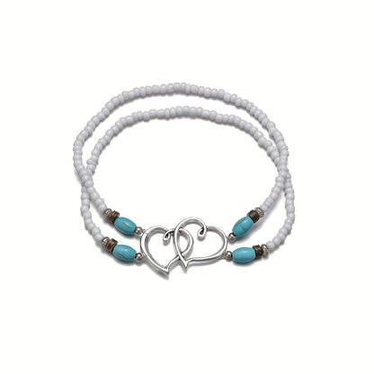 Boho-Chic Double Heart Turquoise & White Beaded Stretch Anklet for Women