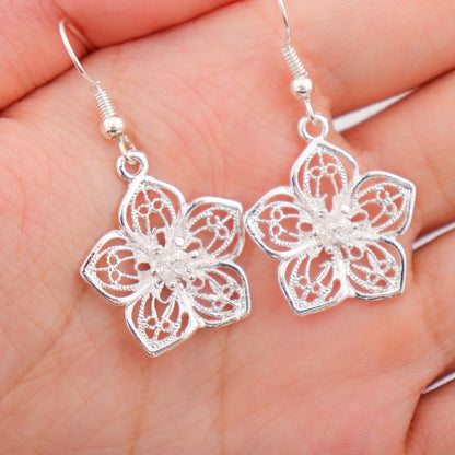 Boho Hollow Flower Shape Earrings Vintage Silver Plated Jewelry For Women