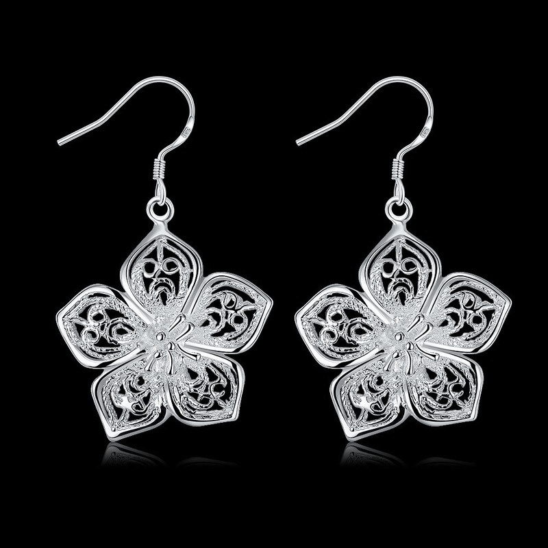 Boho Hollow Flower Shape Earrings Vintage Silver Plated Jewelry For Women