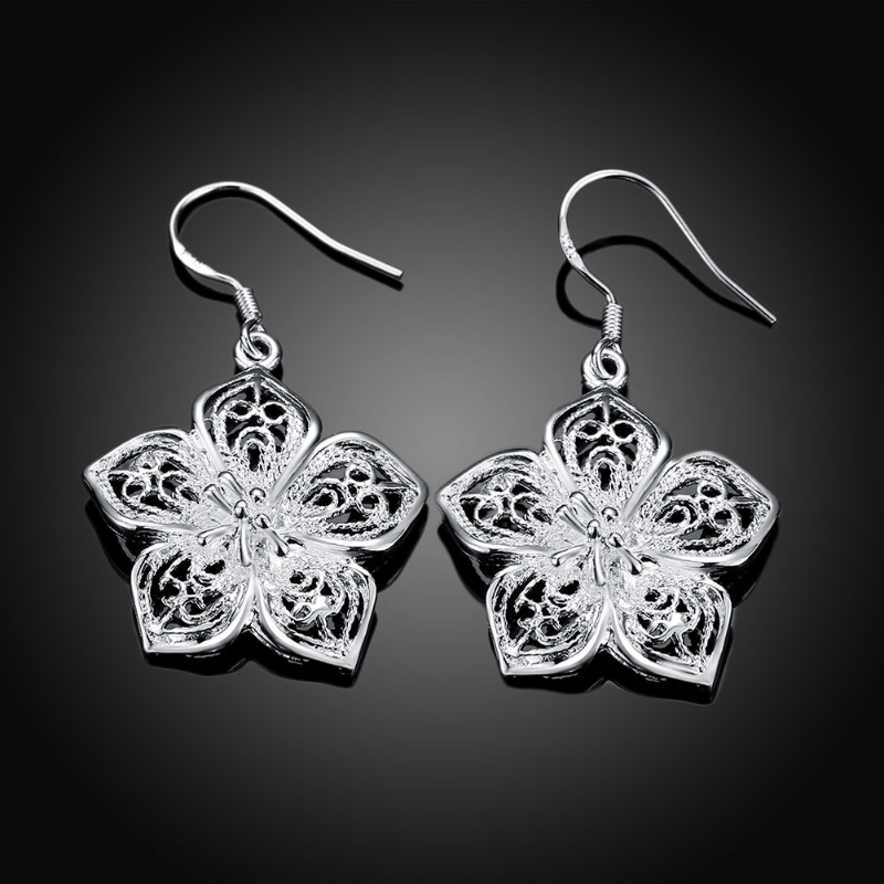 Boho Hollow Flower Shape Earrings Vintage Silver Plated Jewelry For Women
