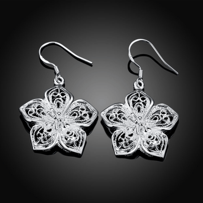 Boho Hollow Flower Shape Earrings Vintage Silver Plated Jewelry For Women