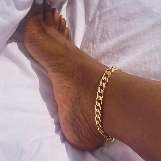 1pc Stylish Golden Titanium Steel Cuban Chain Anklet - Versatile & Durable, Perfect for Casual Attire, Vacation Style Jewelry for Women, Vacation Accessory | Minimalist Anklet | Polished Golden Finish