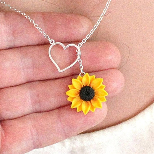 Vibrant Yellow Sunflower Heart Lariat Necklace - Infinity Charm, Bridal Flower, Sunflower Bridesmaid Daisy Jewelry with Delicate Chain and Durable Clasp