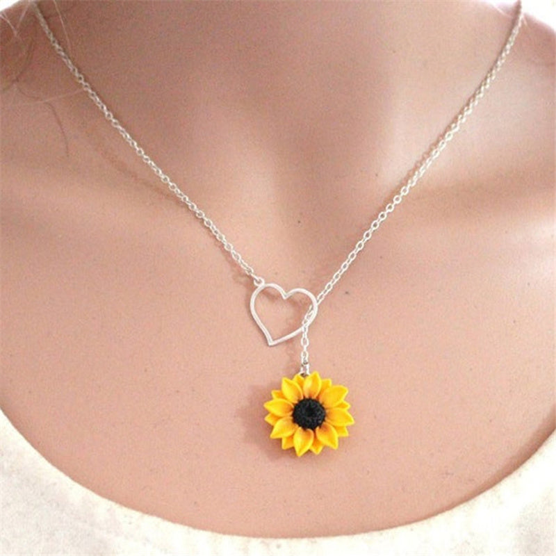 Vibrant Yellow Sunflower Heart Lariat Necklace - Infinity Charm, Bridal Flower, Sunflower Bridesmaid Daisy Jewelry with Delicate Chain and Durable Clasp