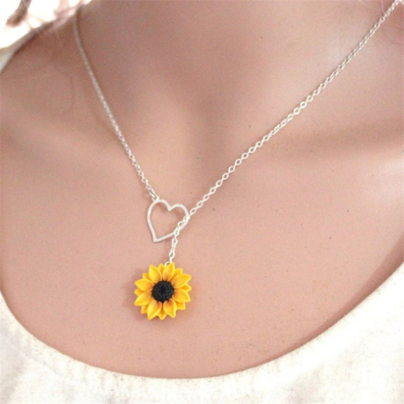 Vibrant Yellow Sunflower Heart Lariat Necklace - Infinity Charm, Bridal Flower, Sunflower Bridesmaid Daisy Jewelry with Delicate Chain and Durable Clasp