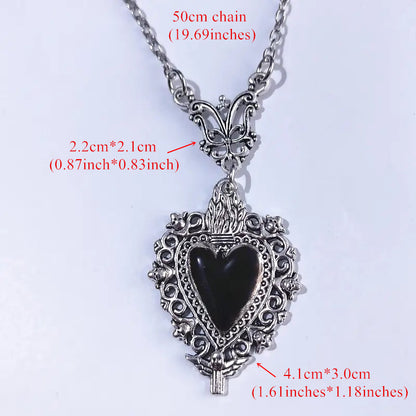 Gothic Antique Silvery Black Heart Pendant Sacred Heart Necklace for Women Party Personality Jewelry