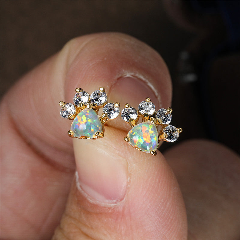 Cute Animal Paw Design With Shiny Artificial Opal Decor Stud Earrings Cute Y2K Style Copper Jewelry Daily Casual