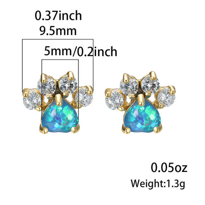 Cute Animal Paw Design With Shiny Artificial Opal Decor Stud Earrings Cute Y2K Style Copper Jewelry Daily Casual