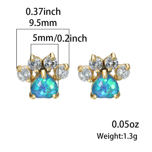 Cute Animal Paw Design With Shiny Artificial Opal Decor Stud Earrings Cute Y2K Style Copper Jewelry Daily Casual