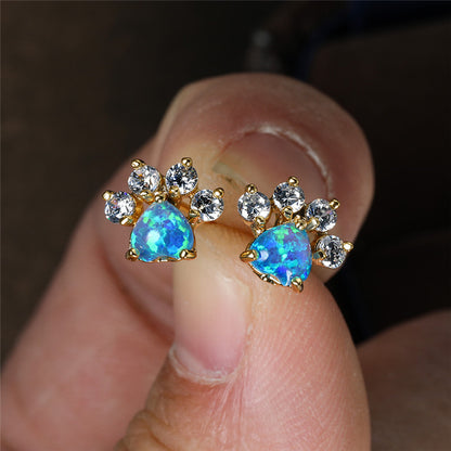 Cute Animal Paw Design With Shiny Artificial Opal Decor Stud Earrings Cute Y2K Style Copper Jewelry Daily Casual