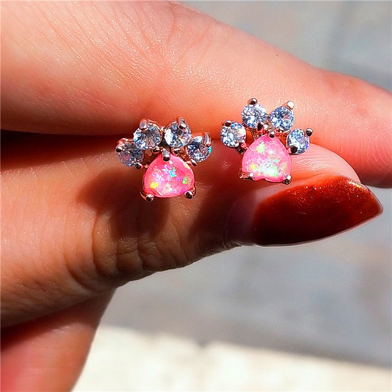 Cute Animal Paw Design With Shiny Artificial Opal Decor Stud Earrings Cute Y2K Style Copper Jewelry Daily Casual