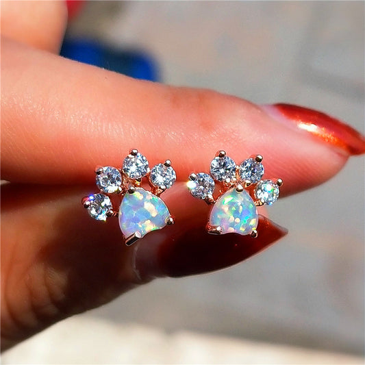 Cute Animal Paw Design With Shiny Artificial Opal Decor Stud Earrings Cute Y2K Style Copper Jewelry Daily Casual