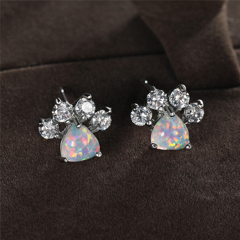 Cute Animal Paw Design With Shiny Artificial Opal Decor Stud Earrings Cute Y2K Style Copper Jewelry Daily Casual