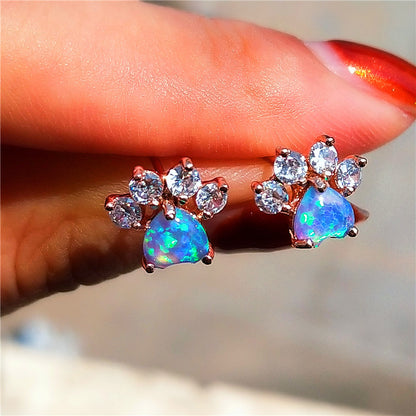 Cute Animal Paw Design With Shiny Artificial Opal Decor Stud Earrings Cute Y2K Style Copper Jewelry Daily Casual