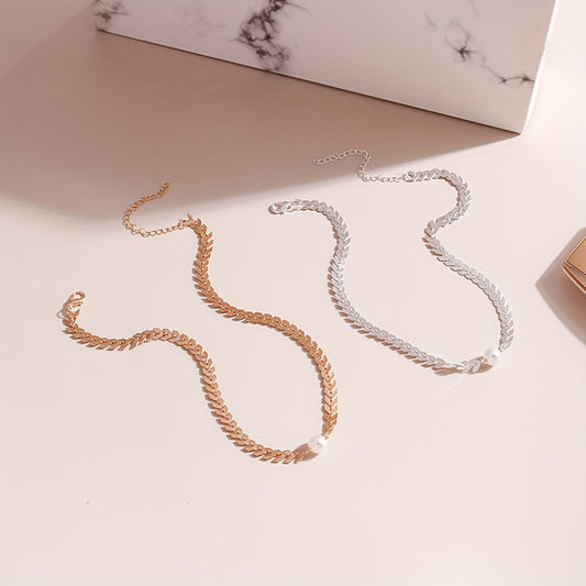 1pc Girl's Fish Bone Design Necklace With Faux Pearl Beads, Clavicle Chain Choker, Jewelry Gift