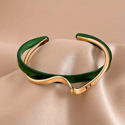 18K Gold Plated Wave Shape Cuff Bangle Inlaid Faux Pearl, Women's Minimalist Style Jewelry
