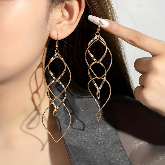 Pair of Golden/Silvery Hollow Twisted Dangle Earrings, Bohemian Elegant Iron Jewelry, Creative Female Gift with Unique Style